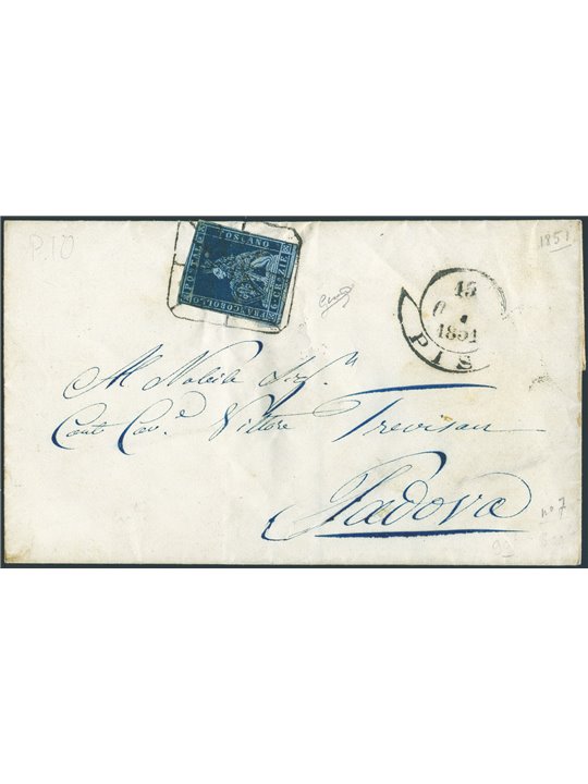 Antichi Stati Toscana 15/10/1851 Lettera da Pisa per Padova affrancata con 6 cr. ardesia su grigio n° 7 annullato con "muto a ra