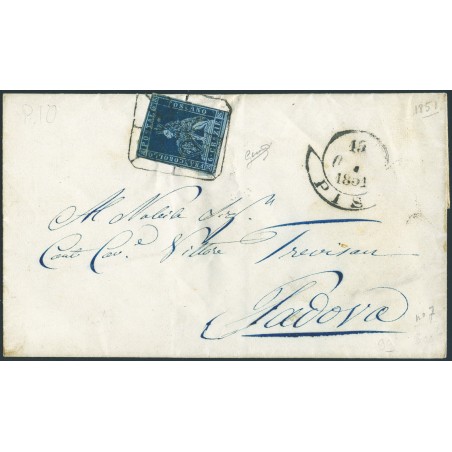 Antichi Stati Toscana 15/10/1851 Lettera da Pisa per Padova affrancata con 6 cr. ardesia su grigio n° 7 annullato con "muto a ra