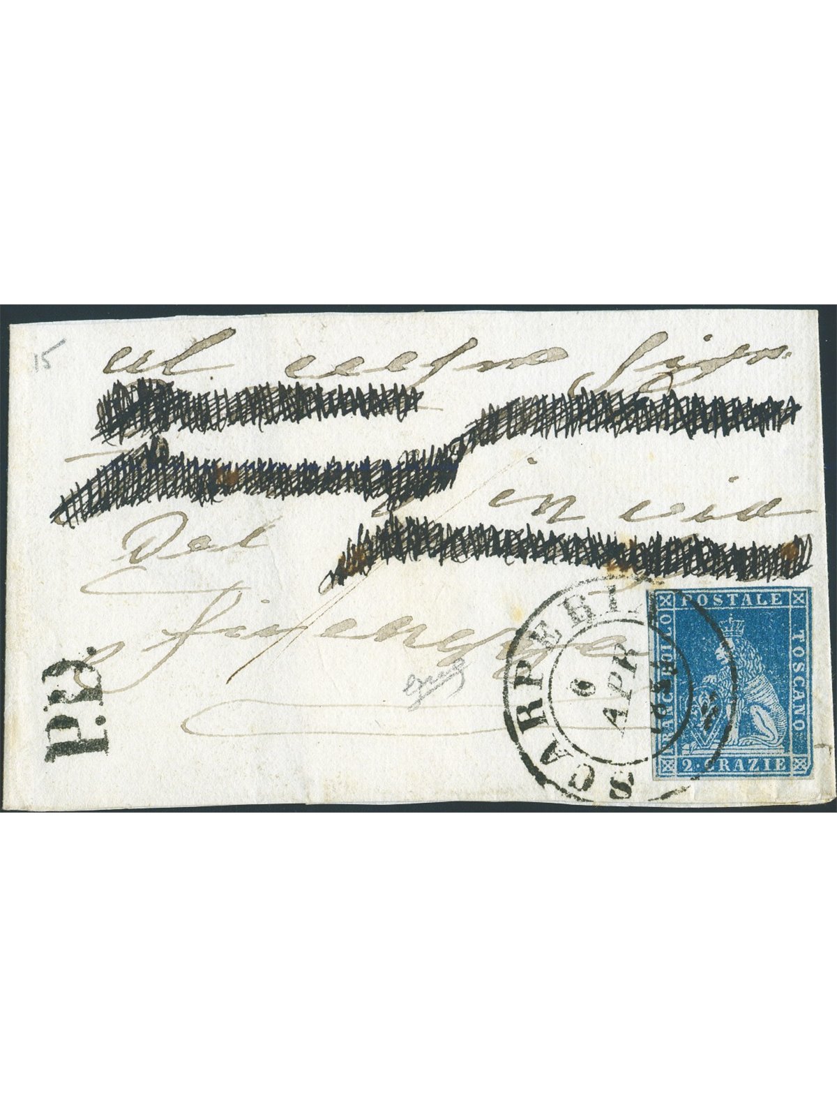 Toscana 6/4/1854 Lettera da Scarperia per Firenze Cert. Biondi Cat. € 2.850