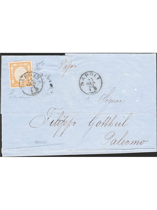 Italia Regno Province Napoletane 23/1/1862 Piego di lettera da Napoli per Palermo affrancato con 10 gr. giallo arancio n° 22e ed