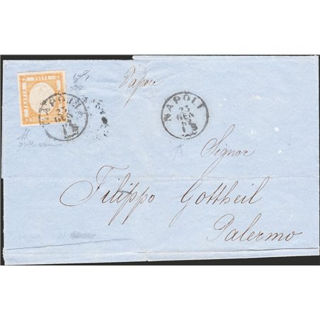 Italia Regno Province Napoletane 23/1/1862 Piego di lettera da Napoli per Palermo affrancato con 10 gr. giallo arancio n° 22e ed