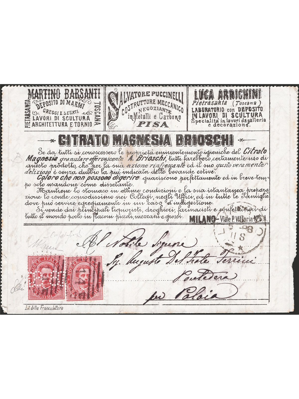 Regno 1888 Francalettera con il 10c di Umberto I errore perforazione Firm-Cert