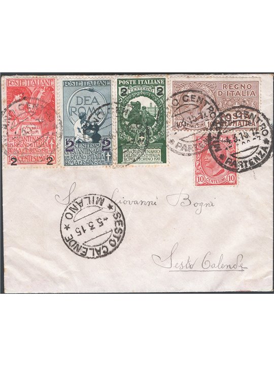 Italia Regno 4/3/1915 Lettera filatelica da Milano per Sesto Calende affrancata con Leoni 10 c. n° 82 + serie Unità d'Italia sop