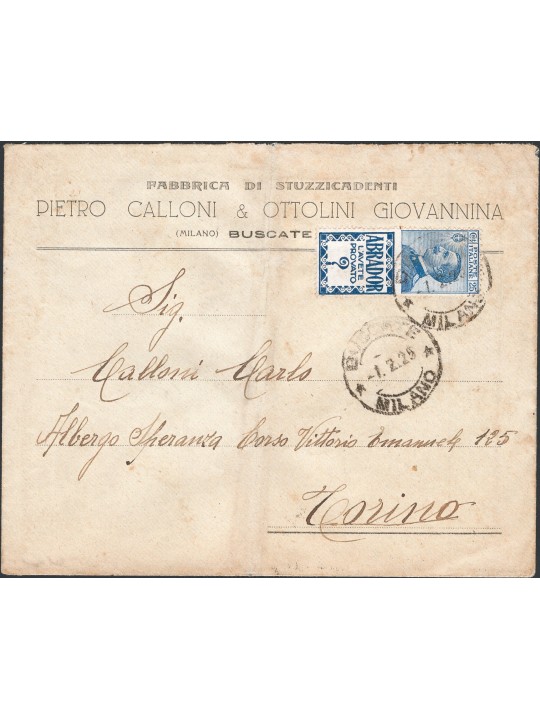 Italia Regno 01/02/1925 Lettera da Buscate (MI) per Torino affrancata con Pubblicitari 25 c. Abrador n° 4. Al verso timbro d'arr