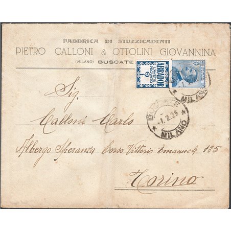 Kingdom of Italy 01/02/1925 Letter from Buscate (MI) to Turin franked with 25 c. Abrador ‘Pubblicitari’ No. 4. Arrival postmark 