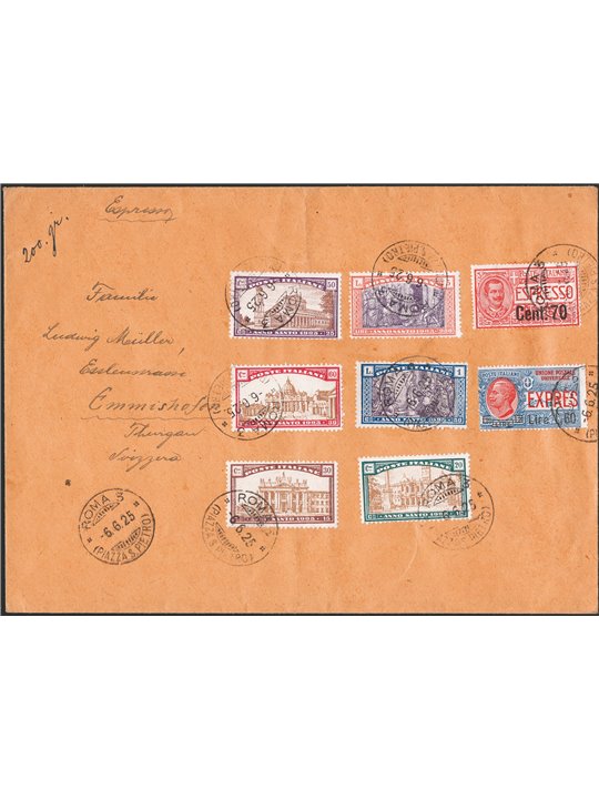 Kingdom of Italy 6/6/ 1925 Express letter from Rome to Switzerland philatelically franked with the Holy Year series + overprinte