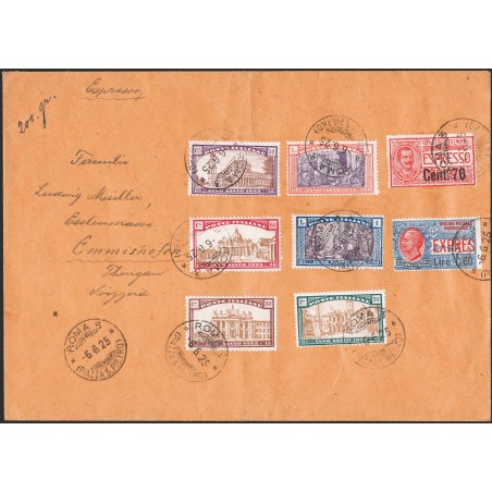 Kingdom of Italy 6/6/ 1925 Express letter from Rome to Switzerland philatelically franked with the Holy Year series + overprinte
