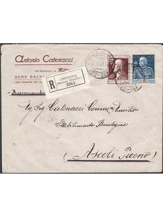 Kingdom of Italy 25/6/1927 Registered letter from Cremona to Ascoli Piceno franked with Jubilee 1.25 £ perforation 13½ no. 188 +