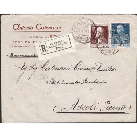 Italia Regno 25/6/1927 Raccomandata da Cremona per Ascoli Piceno affrancata con Giubileo 1,25 £ dent. 13½ n° 188 + Volta 60 c. n