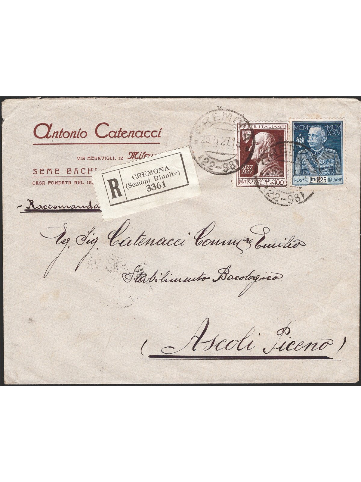 Kingdom of Italy 25/6/1927 Registered letter from Cremona to Ascoli Piceno franked with Jubilee 1.25 £ perforation 13½ no. 188 +