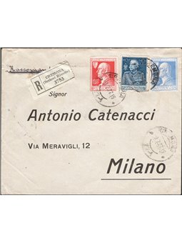 Kingdom of Italy 9/7/1927 Registered letter from Cremona to Milan franked with Jubilee 1.25 £ perforation 13½ no. 187 + Volta 20