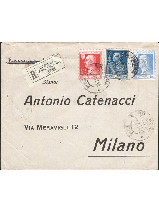 Italia Regno 9/7/1927 Raccomandata da Cremona per Milano affrancata con Giubileo 1,25 £ dent. 13½ n° 187 + Volta 20 c. + 1,25 £ 