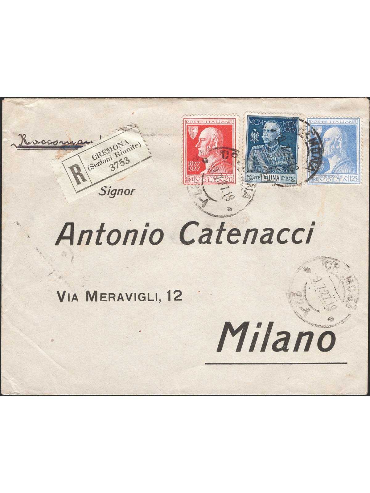 Kingdom of Italy 9/7/1927 Registered letter from Cremona to Milan franked with Jubilee 1.25 £ perforation 13½ no. 187 + Volta 20