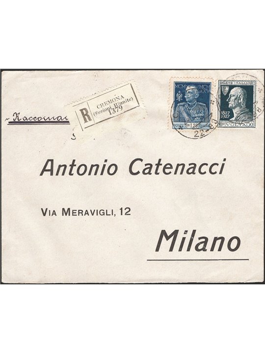 Italia Regno 28/11/1927 Raccomandata da Cremona per Milano in tariffa affrancata con Giubileo 1,25 £ dent. 11 n° 191 + Volta 50 