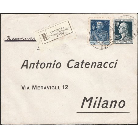 Italia Regno 28/11/1927 Raccomandata da Cremona per Milano in tariffa affrancata con Giubileo 1,25 £ dent. 11 n° 191 + Volta 50 