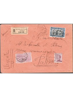 Italia Regno 13/10/1928 Raccomandata da Mazara del Vallo per Palermo affrancata con Milizia I 1,25 £ n° 222 + tipo Giubileo 50 c