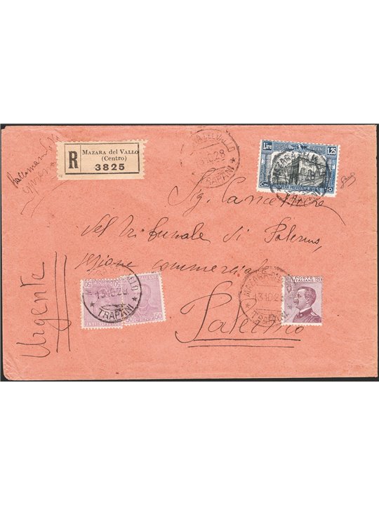 Italia Regno 13/10/1928 Raccomandata da Mazara del Vallo per Palermo affrancata con Milizia I 1,25 £ n° 222 + tipo Giubileo 50 c