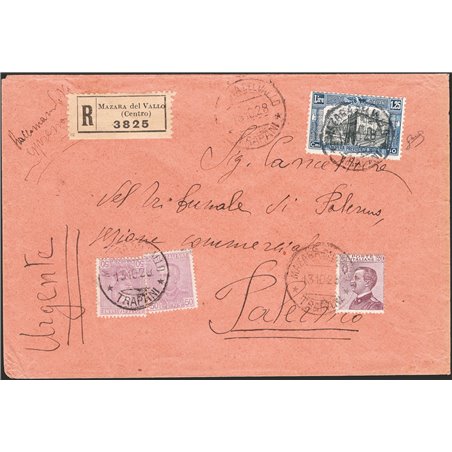 Italia Regno 13/10/1928 Raccomandata da Mazara del Vallo per Palermo affrancata con Milizia I 1,25 £ n° 222 + tipo Giubileo 50 c