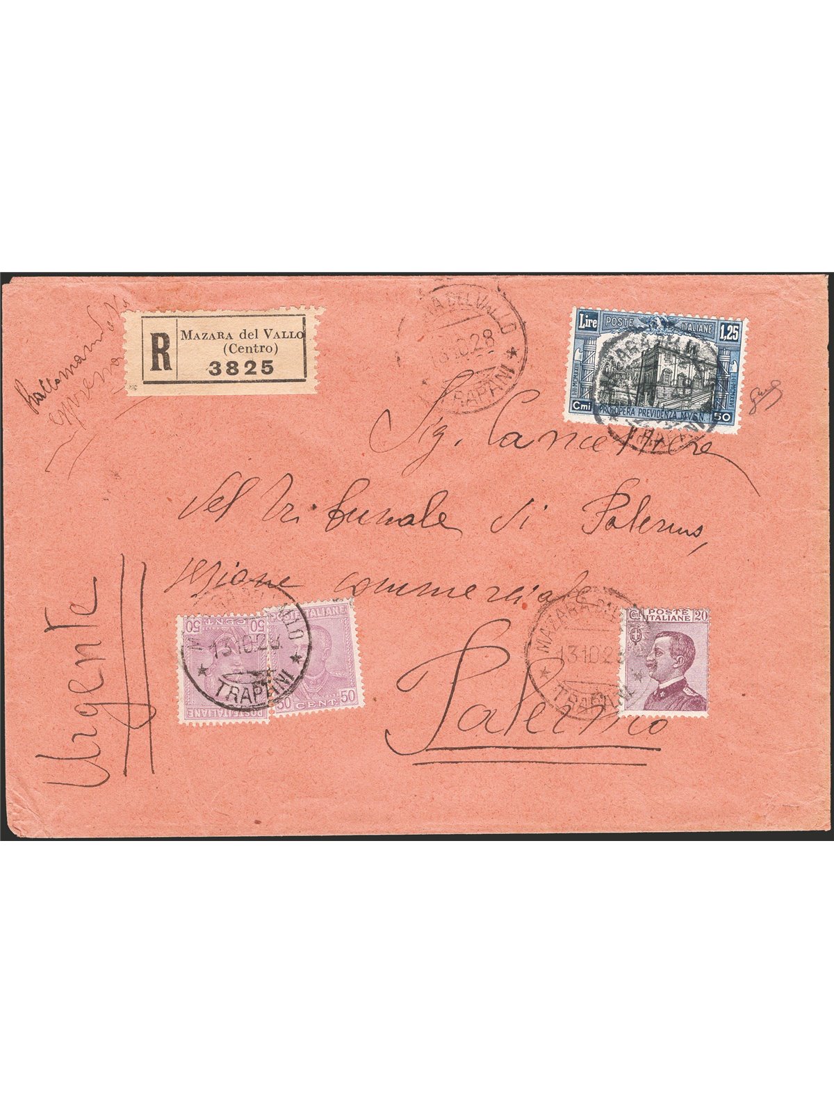 Italia Regno 13/10/1928 Raccomandata da Mazara del Vallo per Palermo affrancata con Milizia I 1,25 £ n° 222 + tipo Giubileo 50 c