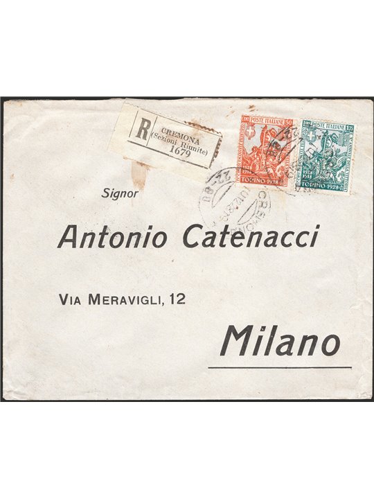 Italia Regno 10/12/1928 Raccomandata da Cremona per Milano in tariffa (4 porti + racc.) affrancata con Emanuele Filiberto 50 c. 
