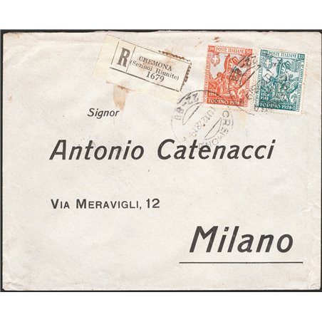 Italia Regno 10/12/1928 Raccomandata da Cremona per Milano in tariffa (4 porti + racc.) affrancata con Emanuele Filiberto 50 c. 