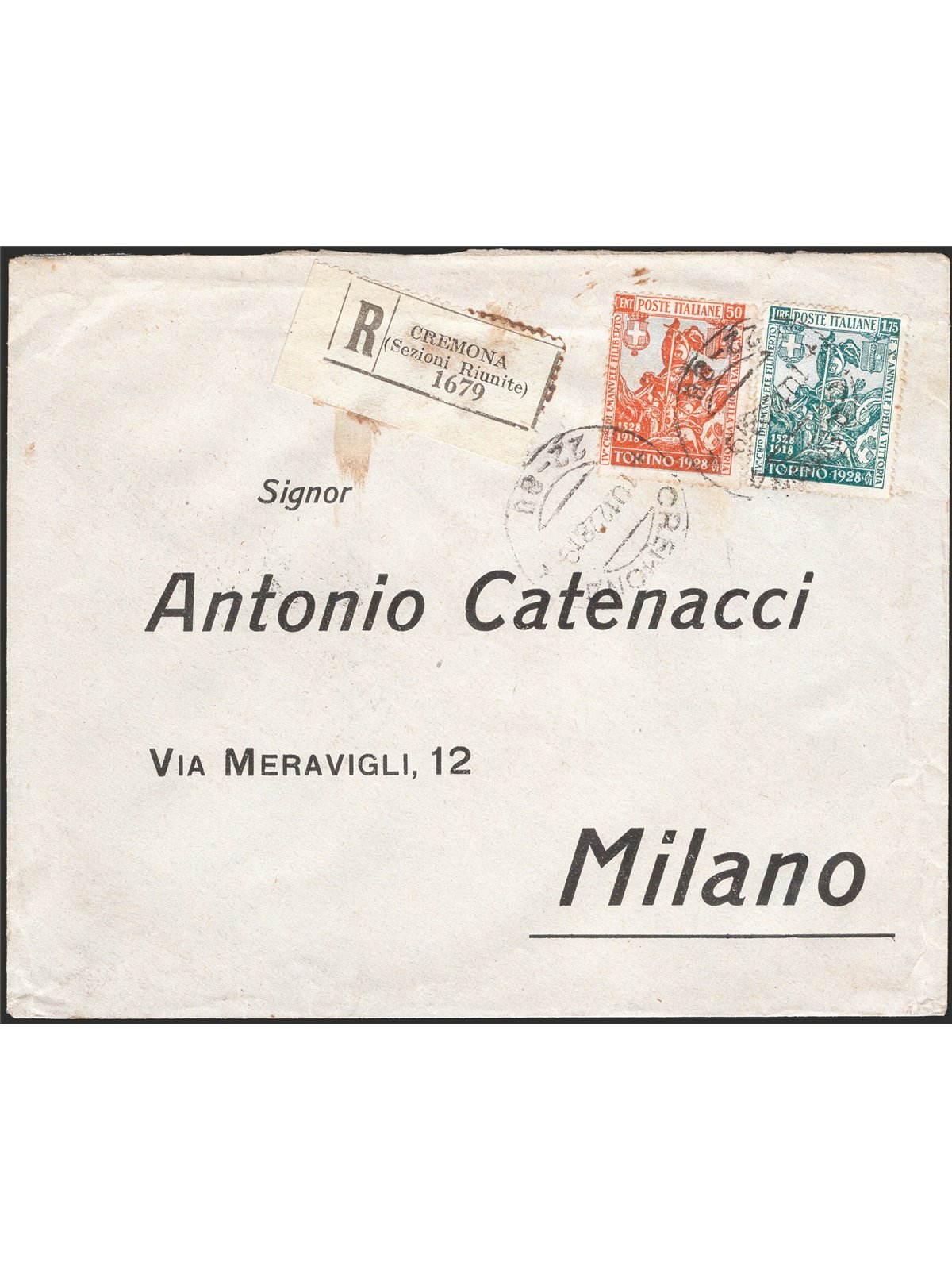 Italia Regno 10/12/1928 Raccomandata da Cremona per Milano in tariffa (4 porti + racc.) affrancata con Emanuele Filiberto 50 c. 