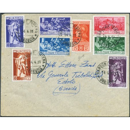 Italia Regno 14/4/1931 Lettera da Gardone Riviera per Edolo (BS) affrancata non in tariffa ma filatelicamente con serie Ferrucci