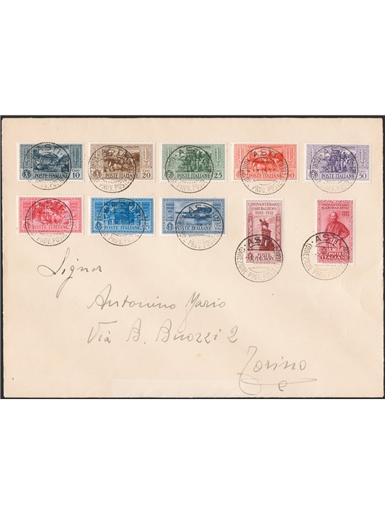 Kingdom of Italy 23/11/1932 Philatelic letter from Asti to Turin franked with the ‘Garibaldi’ ordinary post series no. 315/24. A