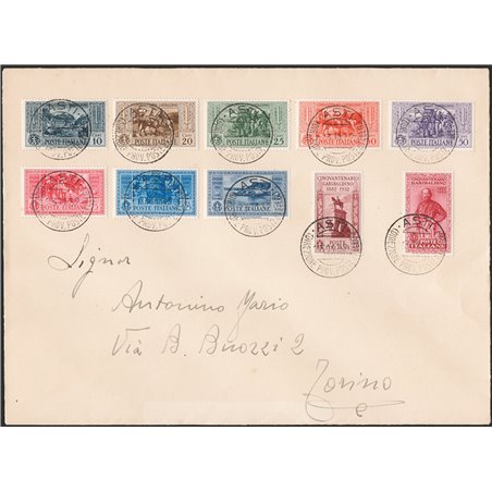 Italia Regno 23/11/1932 Lettera filatelica da Asti per Torino affrancata con serie di posta ordinaria "Garibaldi" n° 315/24. Al 