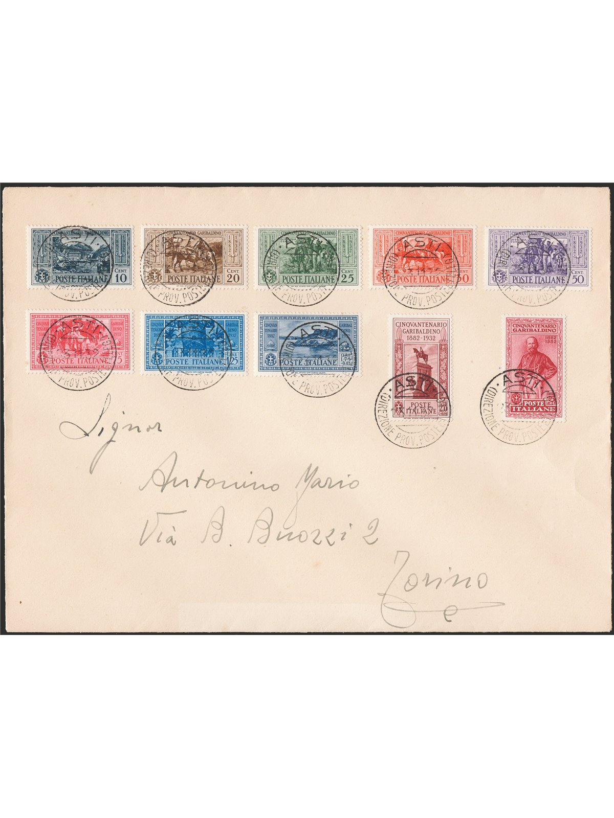 Kingdom of Italy 23/11/1932 Philatelic letter from Asti to Turin franked with the ‘Garibaldi’ ordinary post series no. 315/24. A