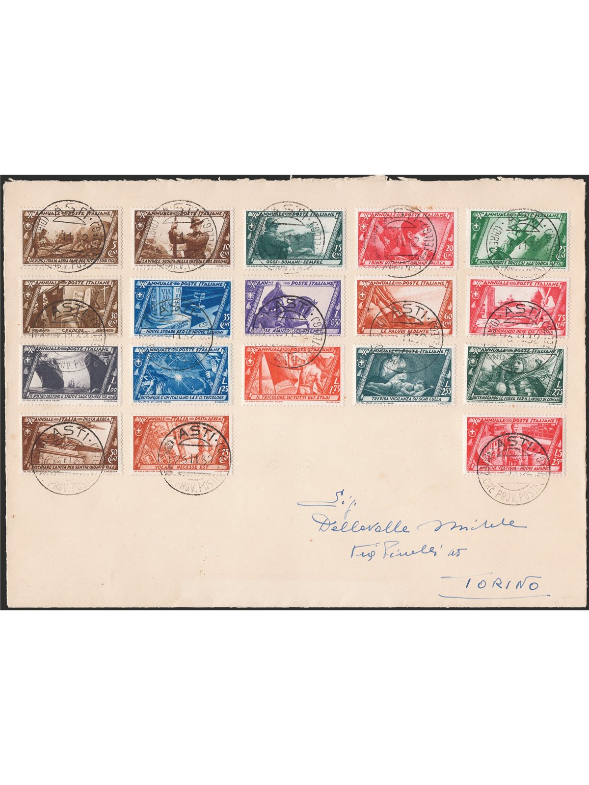 Italia Regno 23/11/1932 Lettera filatelica da Asti per Torino affrancata con serie "Marcia su Roma" n° 325/40 + P.A. 42/43. Al v