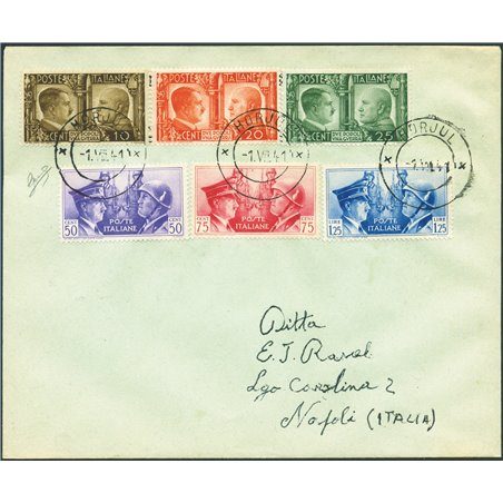 Kingdom of Italy 1/8/1941 Philatelic letter from Horgjul (Oriulo Slovenia) to Naples franked with the “Fratellanza d’Armi” serie