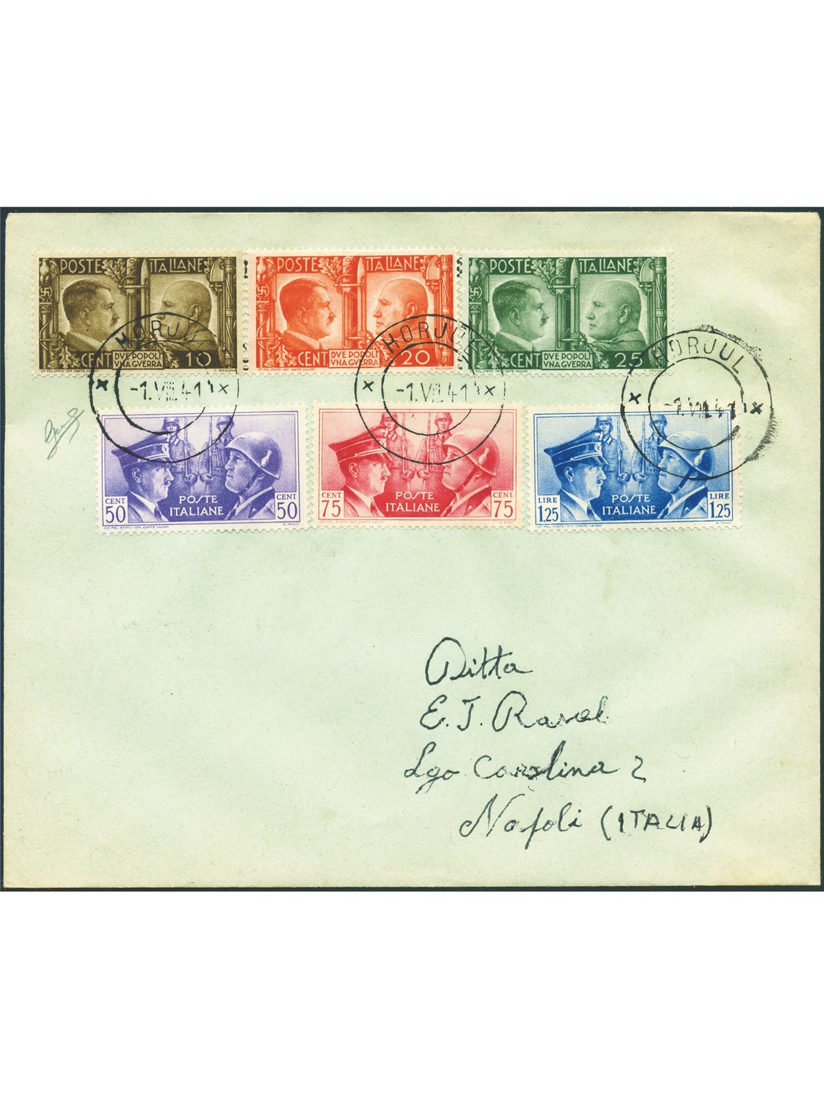 Italia Regno 1/8/1941 Lettera filatelica da Horgjul (Oriulo Slovenia) per Napoli affrancata con serie "Fratellanza d'Armi" ed an