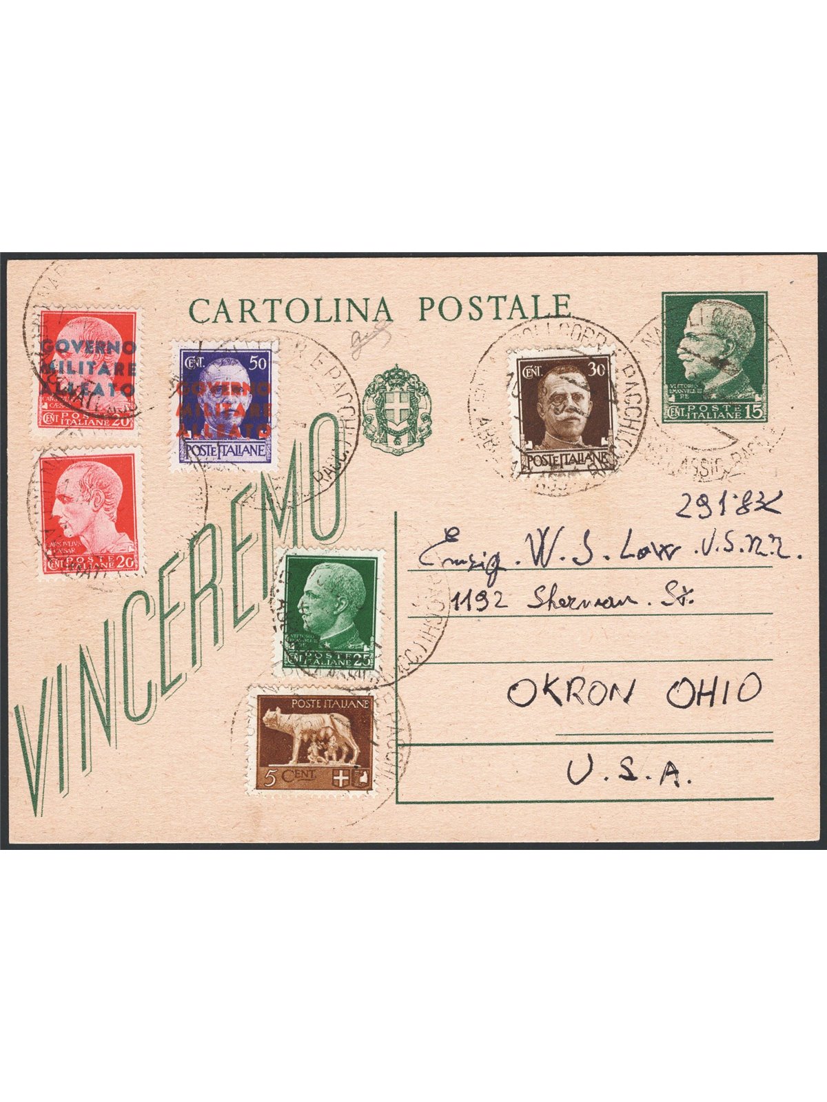 Allied Military Government Naples 10/12/1943 Postal stationery 15 c. “We shall win” Certified by Biondi