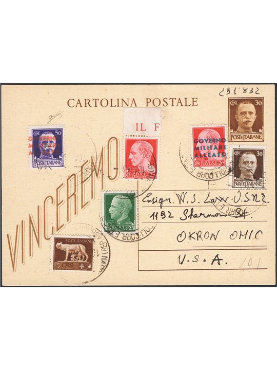 Allied Military Government Naples 10/12/1943 Postal stationery 30 c. “We shall win” Certified by Biondi