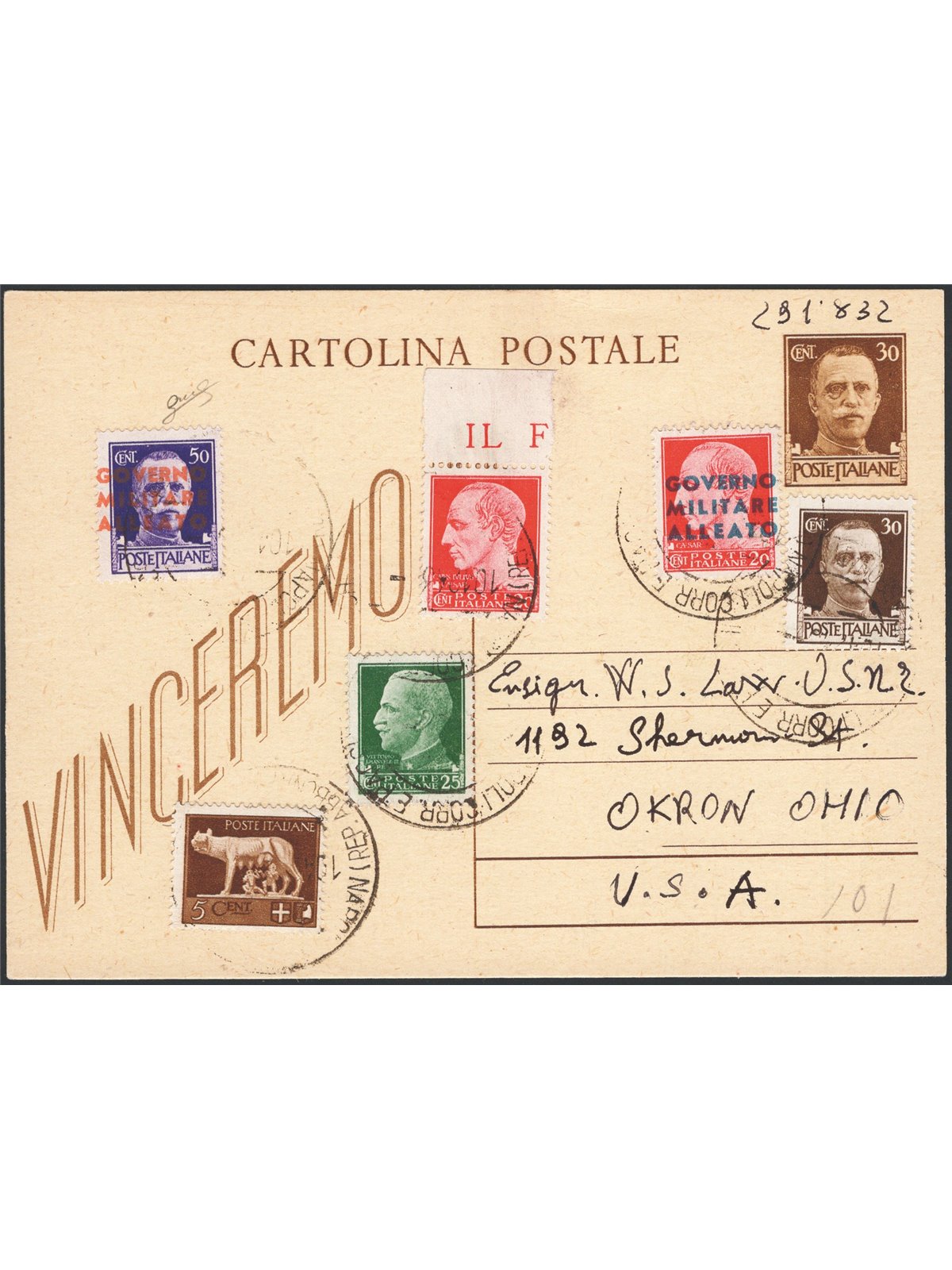Allied Military Government Naples 10/12/1943 Postal stationery 30 c. “We shall win” Certified by Biondi