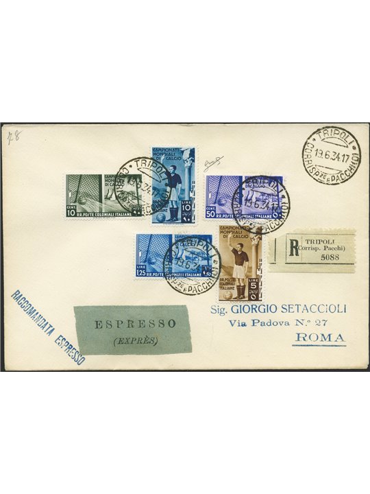 Italian Colonies General Issue 19/6/1934 Registered express philatelic letter from Tripoli to Rome franked with the “Football Ch