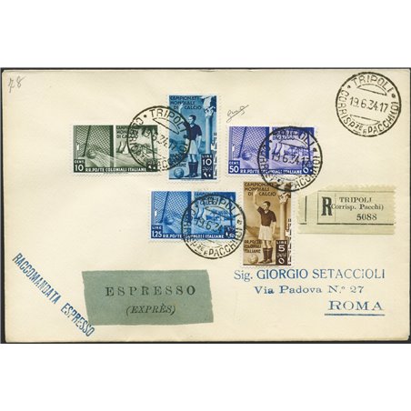 Colonie Italiane Emissioni Generali 19/6/1934 Lettera filatelica raccomandata espresso da Tripoli per Roma affrancata con serie 