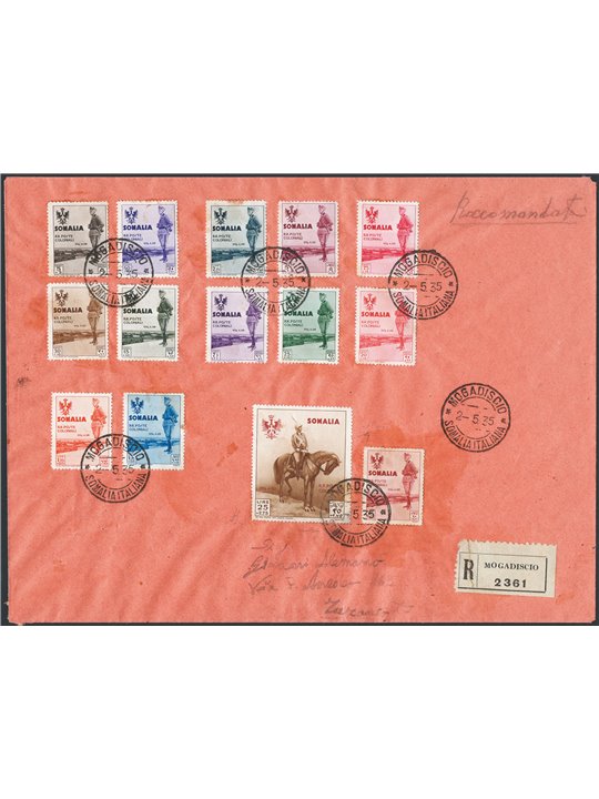 Colonie Italiane Somalia 2/5/1935 Lettera raccomandata con serie “Visita del Re in Somalia” n° 199/212 ed annullata con timbro d