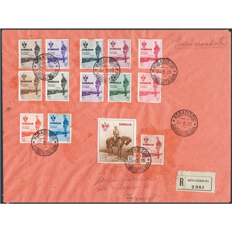 Colonie Italiane Somalia 2/5/1935 Lettera raccomandata con serie “Visita del Re in Somalia” n° 199/212 ed annullata con timbro d