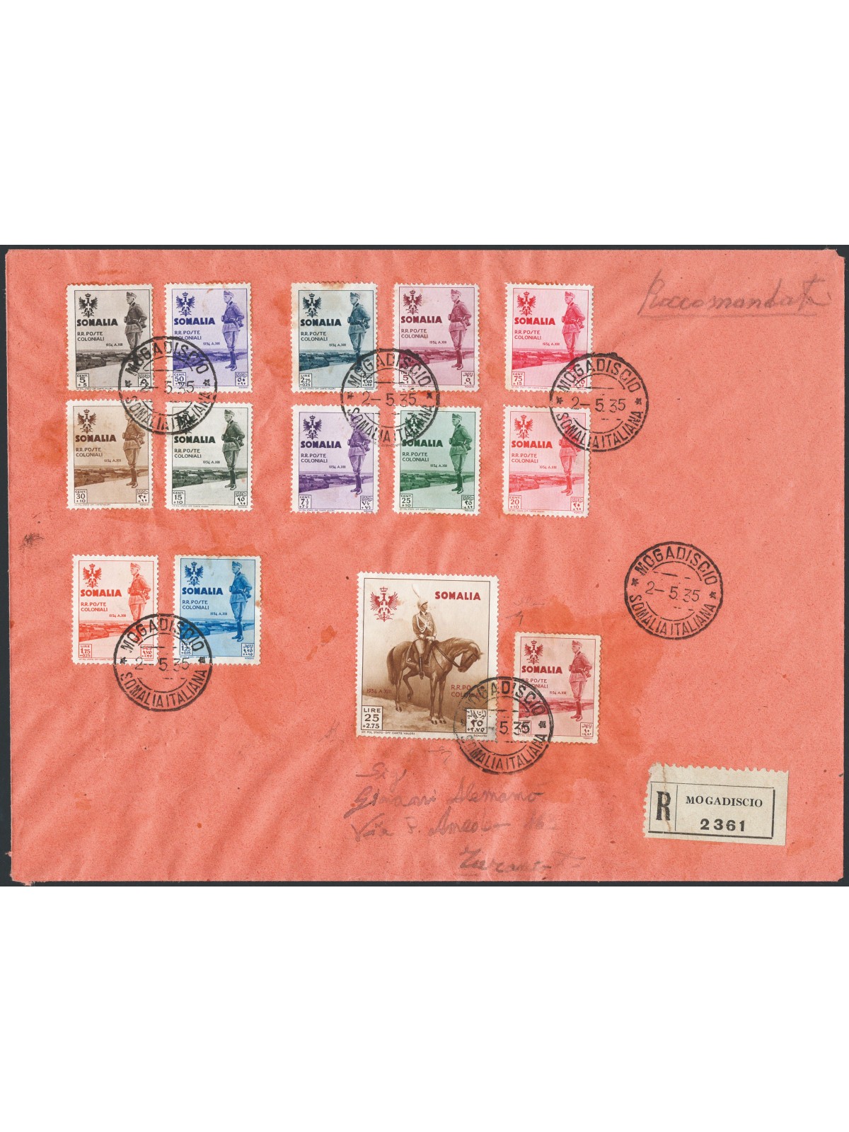 Italian Colonies Somalia 2/5/1935 Registered letter with the “King’s Visit to Somalia” series no. 199/212 and cancelled with a “