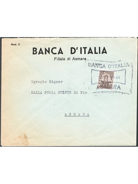 Colonie Italiane Eritrea 30/3/1941 Lettera di recapito autorizzato (Banca d'Italia) da Asmara per città affrancata con recapito 