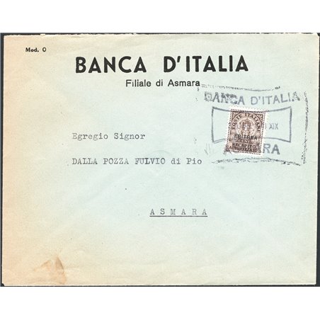 Italian Colonies Eritrea 30/3/1941 Authorised delivery letter (Bank of Italy) from Asmara to the city franked with a 10 c. brown