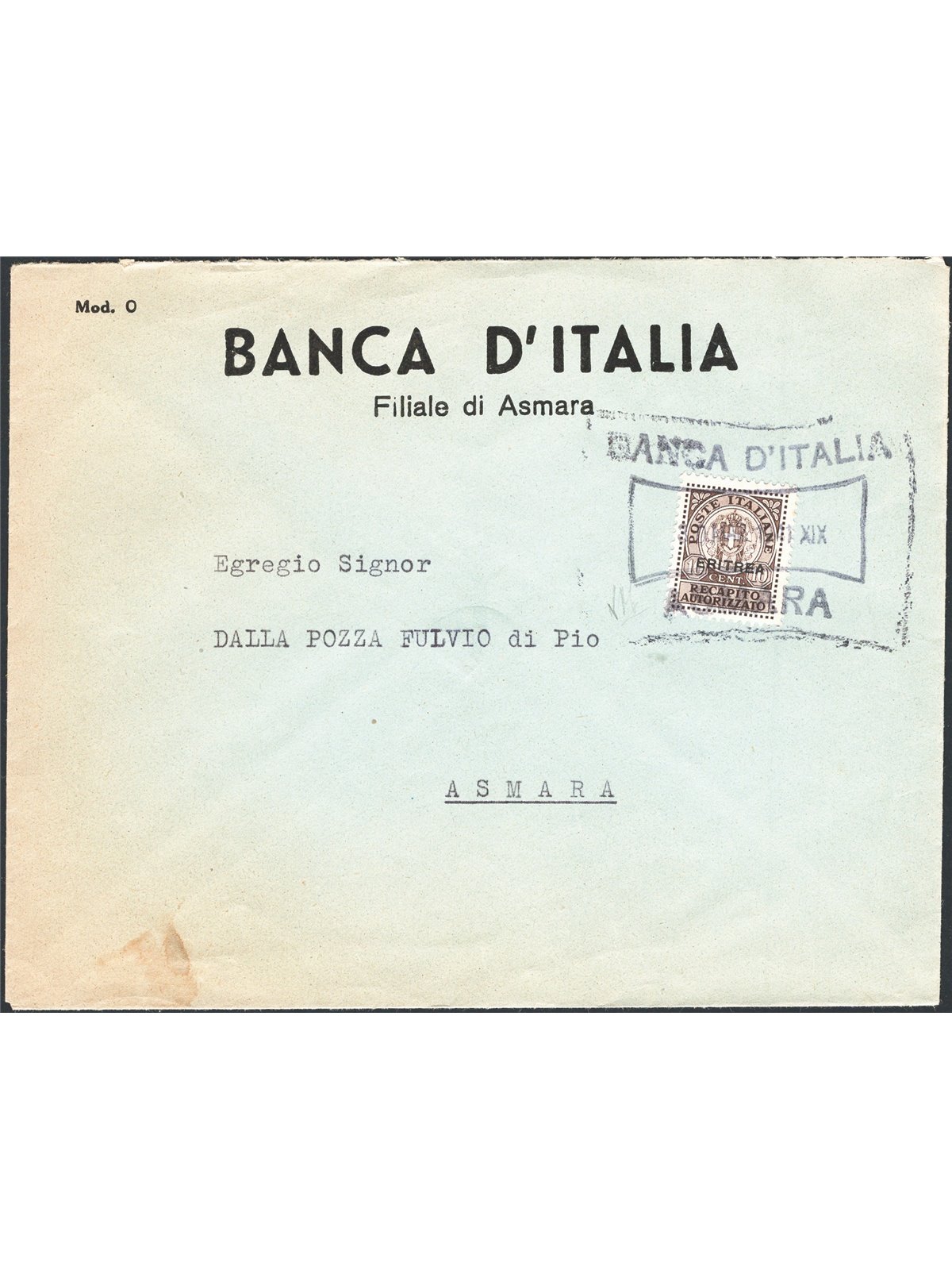 Colonie Italiane Eritrea 30/3/1941 Lettera di recapito autorizzato (Banca d'Italia) da Asmara per città affrancata con recapito 