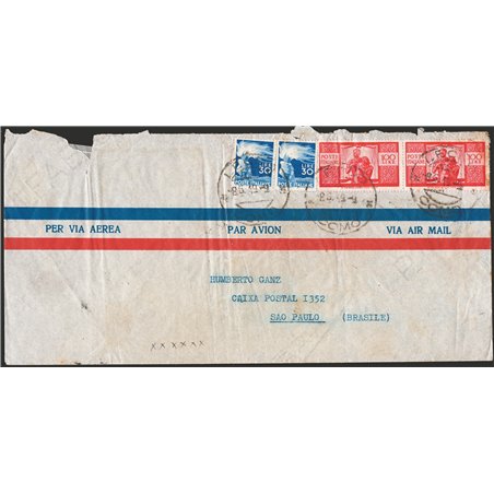 Italia Repubblica 8/5/1949 Lettera per via aerea da Como per San Paolo (Brasile) affrancata con Democratica 30 £ azzurro x2 e co