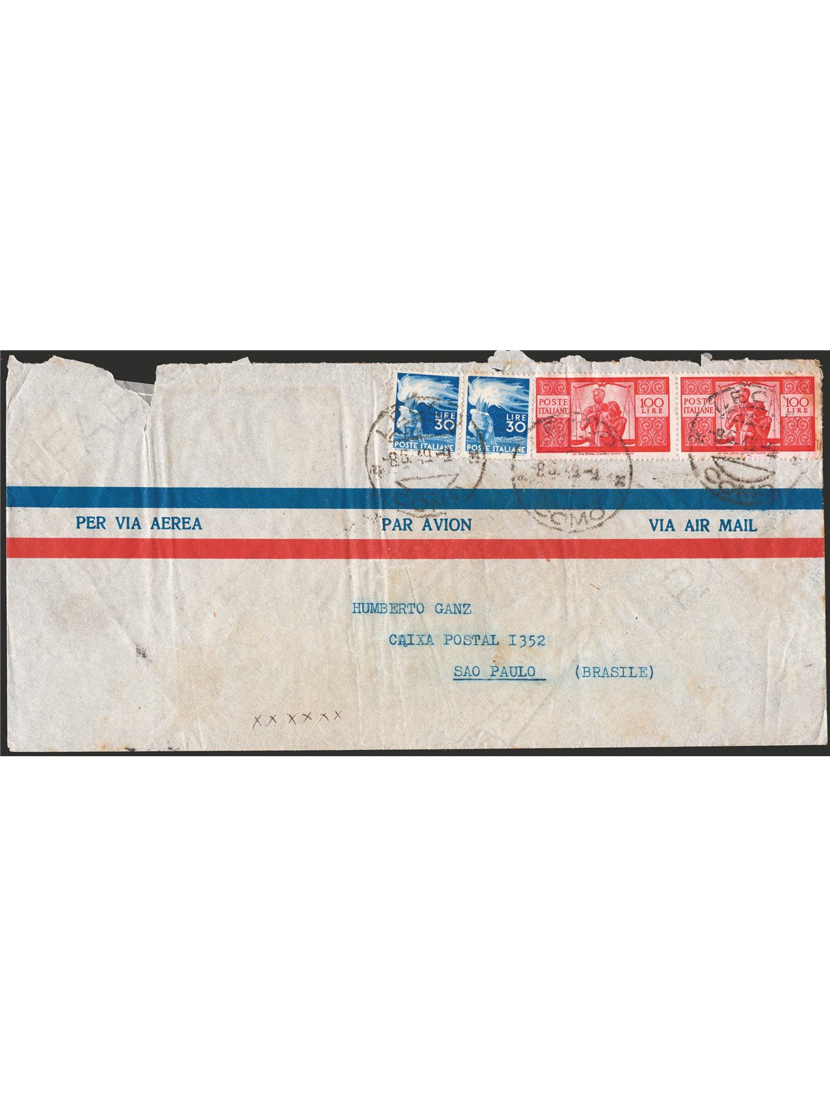 Italia Repubblica 8/5/1949 Lettera per via aerea da Como per San Paolo (Brasile) affrancata con Democratica 30 £ azzurro x2 e co