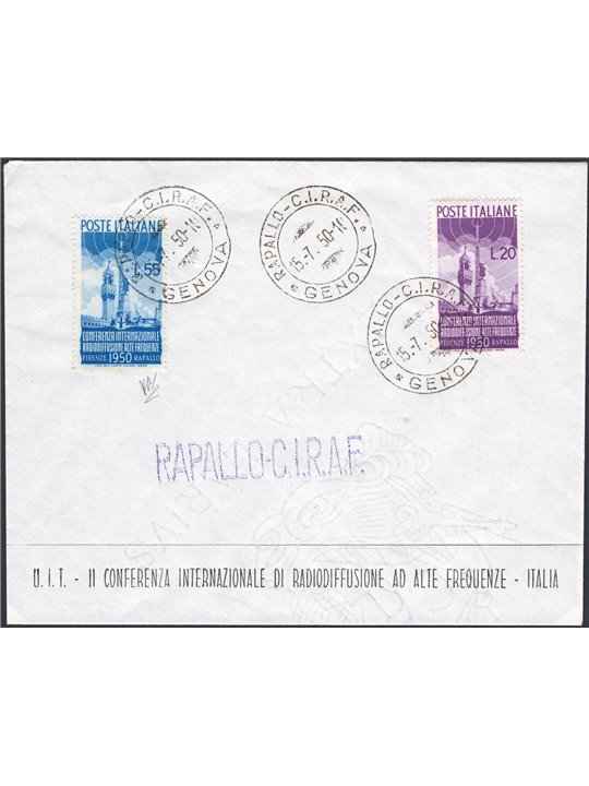 Italian Republic 15 July 19 50 Radio Broadcasting series on certified first-day cover (FDC) IC
