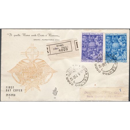 Italian Republic 29 May 1950 Holy Year series on ‘Venetia’ registered FDC sent from Rome to city no. 620/21