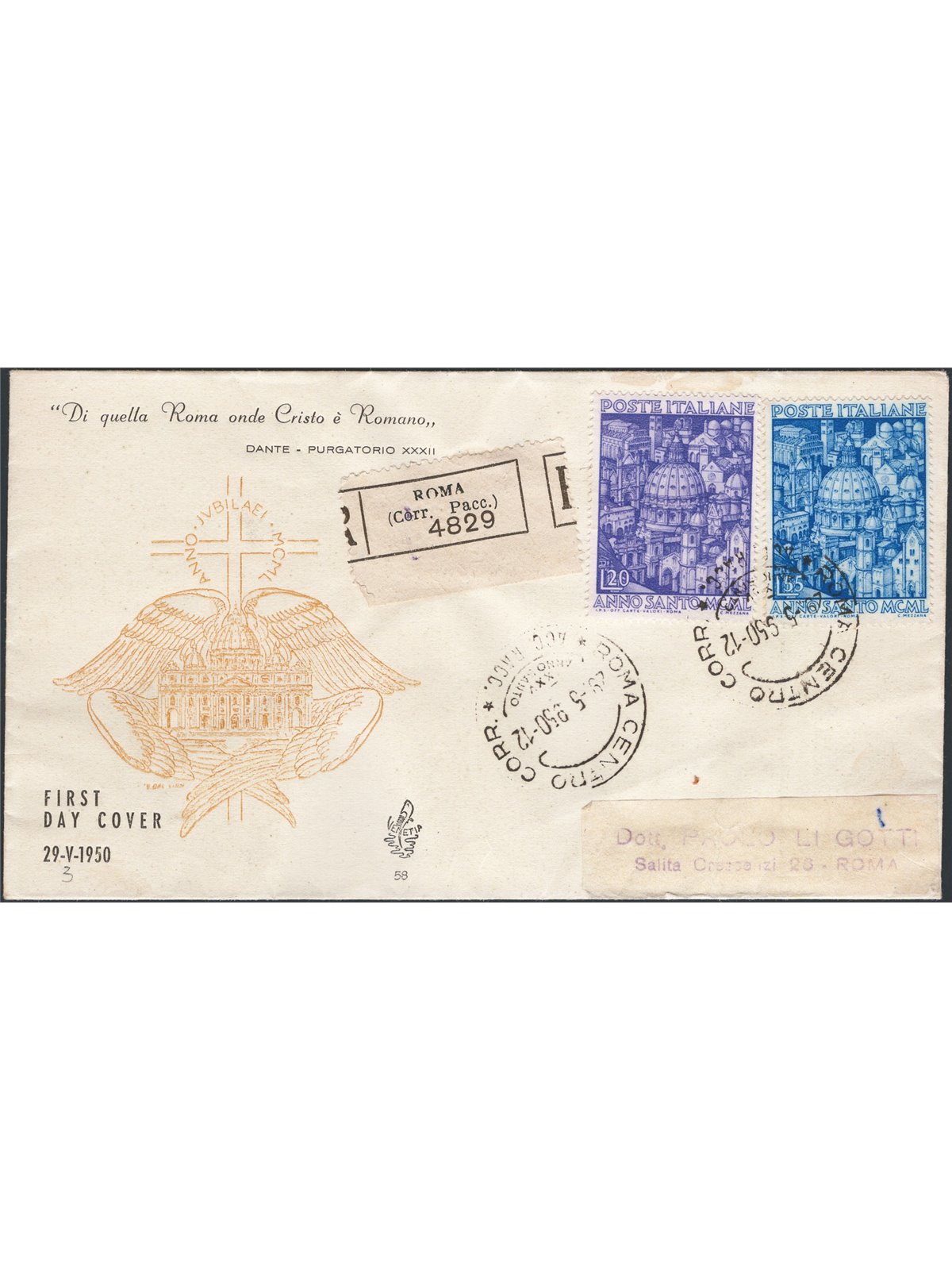 Italia Repubblica 29/5/1950 Anno Santo la serie su FDC raccomandata “Venetia” viaggiata da Roma per città n° 620/21 
