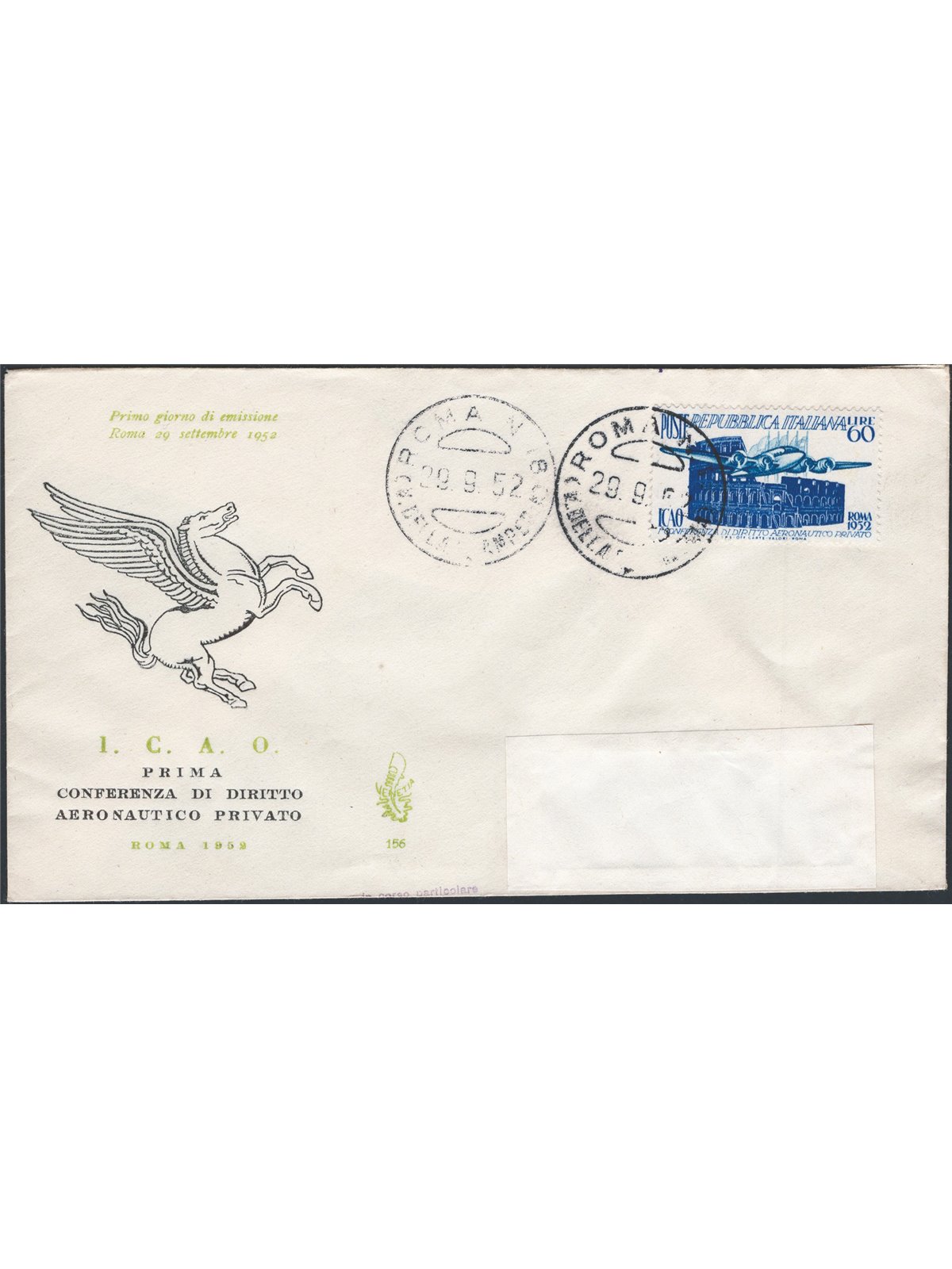 Italian Republic 29/9/1952 ICAO on ‘Venetia’ FDC No. 697